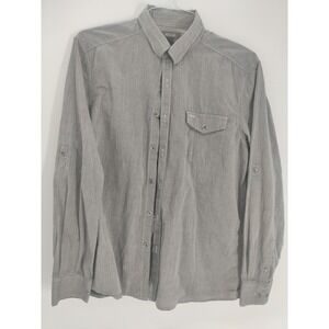 Reaction Kenneth Cole Gray Striped Roll Tab Long‎ Sleeve Shirt Mens Sz Large